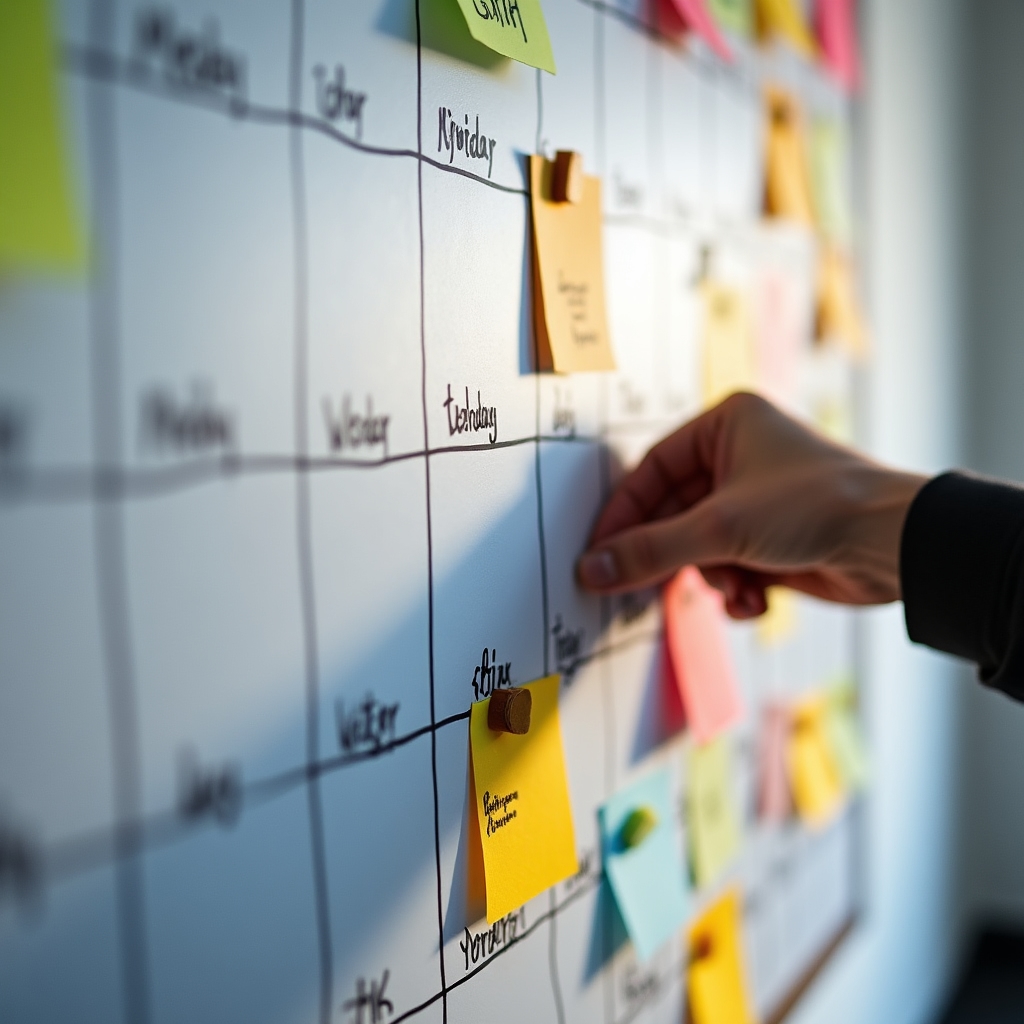 Tablero de decisiones con un calendario semanal y notas adhesivas