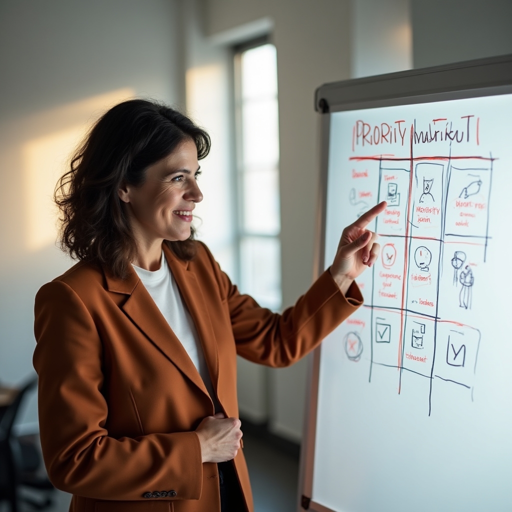 Facilitadora explicando un mapa de prioridades sobre una mesa de trabajo