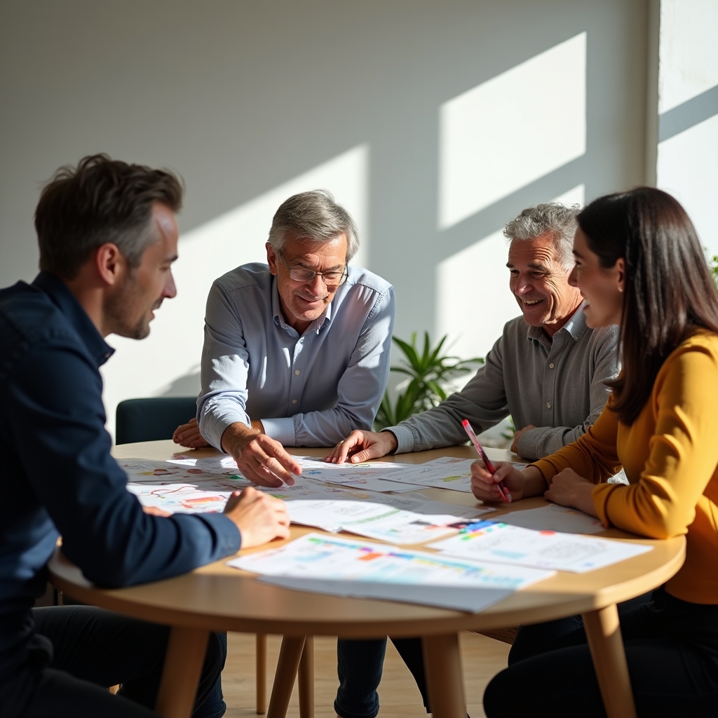 Grupo pequeño de profesionales trabajando alrededor de una mesa