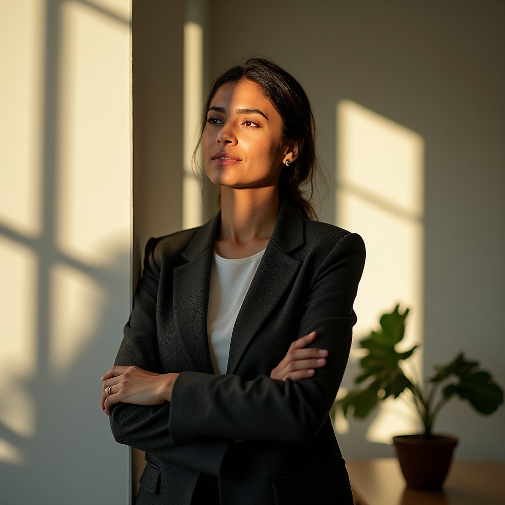 Coordinadora de equipo junto a una ventana con luz natural